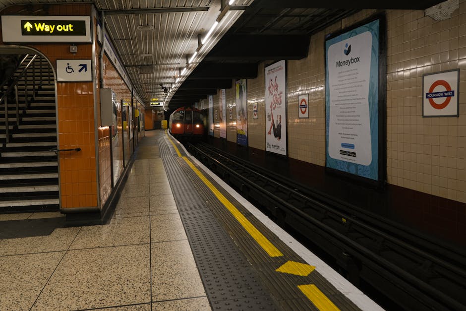 Interior view of a London Underground station platform in Hounslow, featuring beige tiled walls with various advertisements, including a Moneybox poster, and a bright yellow directional sign indicating the way out. On the left, there is a staircase with black handrails and orange mosaic tiles. The platform has a textured, non-slip surface with yellow safety lines along the edge. A train with a red front and rounded windows is approaching or stationary at the platform, partially visible in the distance. Fluorescent lighting illuminates the scene, and the overall environment suggests a busy urban transportation hub, relevant for logistics and planning in home relocation or furniture transport services, as provided by Man with Van Hounslow.